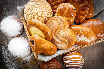 Fresh bakery on a wooden background
