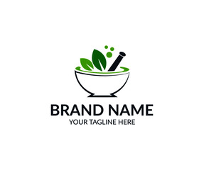 Herbal pharmacy logo vector template. Natural mortar and pestle logotype. medical medicine herbal illustration symbol icon vector design.