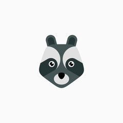 Vector Flat Raccoon's face isolated. Cartoon style illustration. Animal's head logo. Object for web, poster, banner, print design