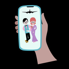 The hand is holding a phone with picture of lovely couple and plane in sky on black background.