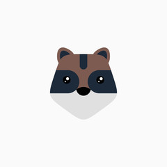 Vector Flat Raccoon's face isolated. Cartoon style illustration. Animal's head logo. Object for web, poster, banner, print design