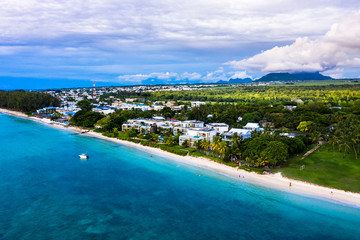 Aerial view The beach at Flic en Flac with luxury hotels and palm trees, Mauritius, Africa