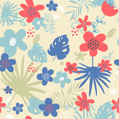 seamless pattern with doodle Exotic tropical jungle rainforest frame. green palm leaves tree with parrot monstera leaves flowers. Isolated element. Vector design illustration. hand drawing