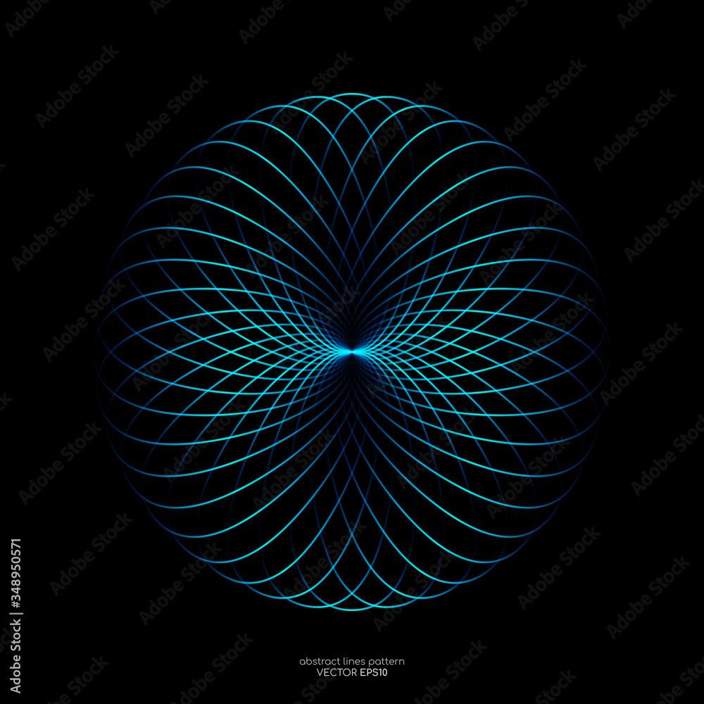 Aufkleber Abstract blue green light lines weaving pattern in circle shape isolated on black background. Vector illustration in concept technology, science, music, modern.