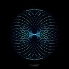Abstract blue green light lines weaving pattern in circle shape isolated on black background. Vector illustration in concept technology, science, music, modern.