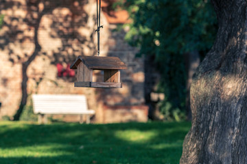 Wooden bird feeder hanging on a tree in a park for birds and in the background is a white bench