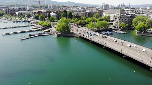 Birdview Drone Shot of Quai Bridge over Limmat River Located in Z&uuml;rich Switzerland the Biggest Swiss City
