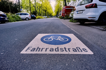 Wide bike road in an avenue with parked cars