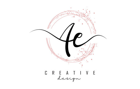 Handwritten AE a e letters logo with dust pink sparkling circles and glitter.