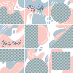 Creative cover design. Instagram brand ad templates set for posts. Social media abstract doodle trendy patterns, square background. Flat hand drawn vector illustration of 9 isolated puzzle collage.