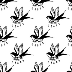 swallow illustration traditional tattoo flash seamless doodle pattern