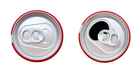 Two red aluminum beverage can top view isolated on white background, clipping path included