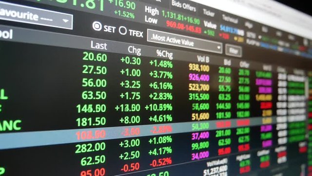 POV to screen of the stock market price feeding display on computer screen. Price of stock of thailand market while market opening.Stock price changing.