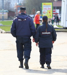 Police patrol,ulitsa Kollontay, Saint Petersburg, Russia, April 2018