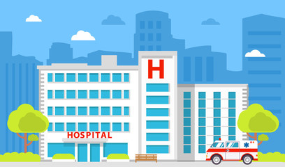 Obraz premium Medical institution. Hospital building. City ambulance medical care.Healthcare facility.Flat style a vector.Facade of improving and health center.Architecture of clinic.
