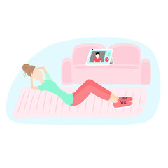 playing sports at home by video link with an instructor in cartoon style