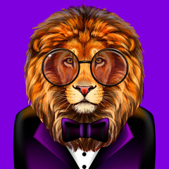 Lion. Creative, colorful, hand-drawn portrait lion with glasses and bow tie dressed in a tuxedo on a purple background.