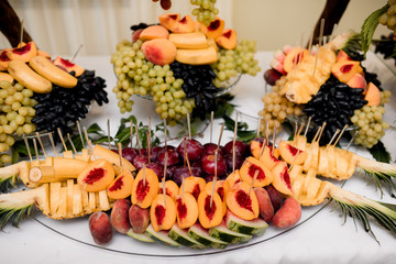 Obraz na płótnie Canvas delicious fresh fruits on plate on table at wedding reception in restaurant. luxury catering