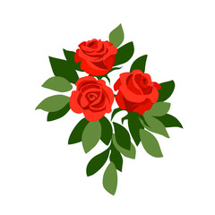 bouquet of red garden roses with green leaves, decoration for holiday, birthday, wedding cards, color vector illustration isolated on white background in cartoon, flat & hand drawn style