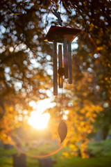 Stunning sunset backlighting slow motion wind chime in temple garden