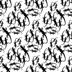 lizards. seamless monochrome pattern. black isolated silhouettes of reptiles. print, template. Doodle style.