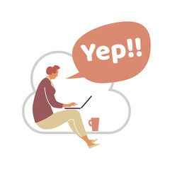 Greetings Bubbles. Office work and remote work at home, freelance. People talking and working on computer. Online education, training, workshops. News and network  communication.