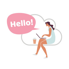 Greetings Bubbles. Office work and remote work at home, freelance. People talking and working on computer. Online education, training, workshops. News and network  communication.