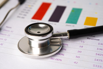 Stethoscope  on chart or graph paper, Financial, account, statistics and business data  medical health concept.
