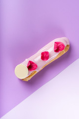 French rose strawberry eclair sweet dessert. Minimalist conceptual design, flat lay with space