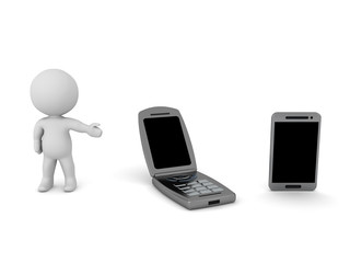 3D Character showing flip phone and smart phone