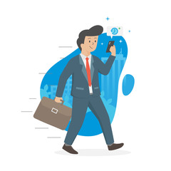 Men walk and texting to the office for a meeting