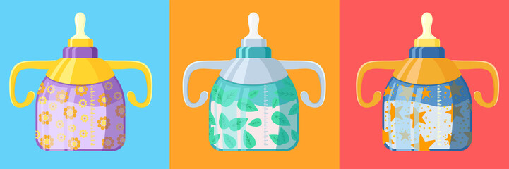Feeding bottle set. vector set. Vector illustration. A bottle with a drawing. Leaf pattern. Pattern of stars. Pattern of flowers. Feeding kit. Milk bottles. For babies. Blue. Yellow. Pink.