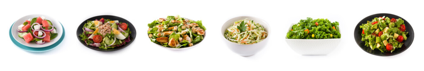 Assortment of different salads collage isolated on white background