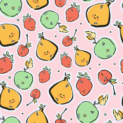 Colorful hand-drawn lfruits in vector seamless pattern. Contemporary cute bright summer background with trendy colors