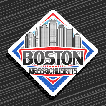 Vector logo for Boston, white decorative road sign with line illustration of boston city scape on day sky background, tourist fridge magnet with unique letters for black words boston, massachusetts.