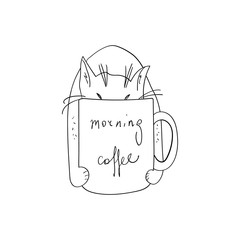 Morning coffee with a cat. Vector outline illustration. Cute cat in a cup of coffee. Hand drawn sketch. The beginning of a working morning at home