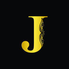 Gold letter J. Vintage golden flower ornament initial letters.  Alphabet. Logo vector 
