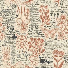 Vector seamless pattern with medicinal herbs and insects in retro style. Hand-drawn herbs, beetles, butterflies and unreadable scribbles on an old paper background. Wallpaper, wrapping paper, fabric © paseven
