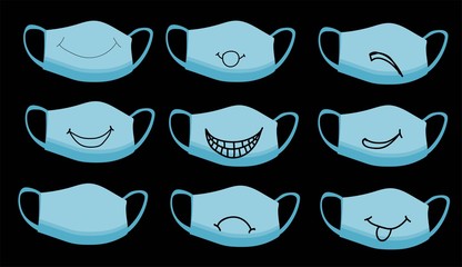 set of medical respiratory masks with drawings. Cute faces on masks. Isolated on a white background. Antiviral agent. Coronavirus protection. Hygiene. Personal protective equipment..
