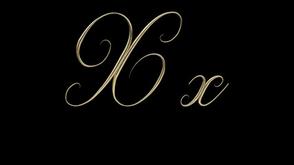 X x 3D letter render gold on black background