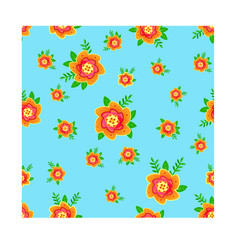 Flowers pattern with leaf. Vector illustration. Pattern, fabric, textile, creative, fantasy. Floral forest print. Soft blue floral design. Isolated blooming art. Stylization orange green decoration. 