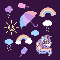 Vector cliparts with unicorn, rainbow, clouds, umbrellas and other elements for your design, Vector background in cartoon style.