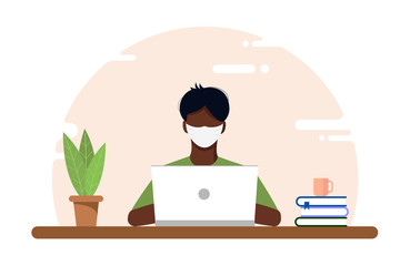 Work at home concept, coworking space flat illustration. European african freelancer guy on at mask working at a table on a laptop at home during Covid-19 quarantine. Vector flat style self employed.