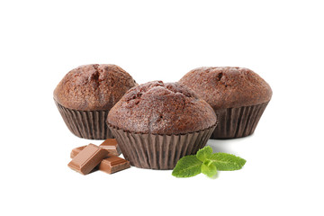 Delicious chocolate and muffins isolated on white background