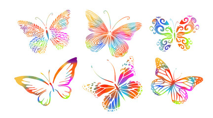 Fototapeta na wymiar A set of colorful beautiful butterflies. Mixed media. Vector illustration