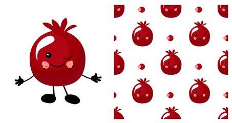 pomegranate character. Cute cartoon fruit. illustration isolated on a white background. Fruits seamless pattern.