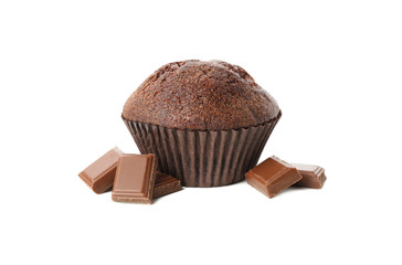 Delicious chocolate and muffin isolated on white background