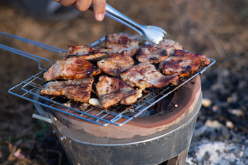 Pictures of pork cooking on charcoal grills in a wild camping