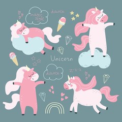 Fototapeta premium Set with unicorns, hearts, diamonds, stars, clouds and rainbows on a colored background. Vector illustration for creating seamless patterns, printing on a postcard, fabric, or clothing.