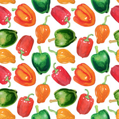 Watercolor hand drawn seamless pattern with bell pepper on a white background. Bright print with paprika, habanero, green and orange peppers.

